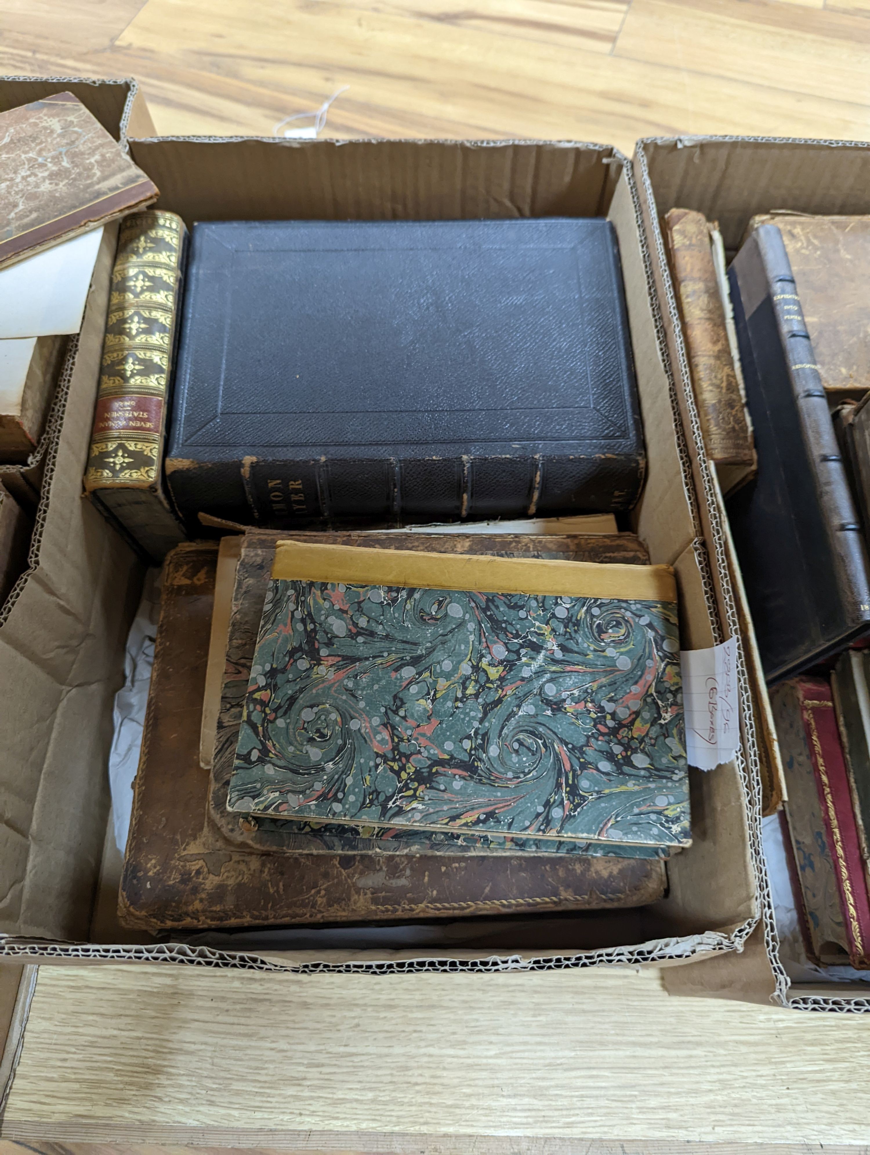 Old Leather - a quantity of antiquarian volumes, various dates and bindings, approx. 90 in total, in 6 boxes.
